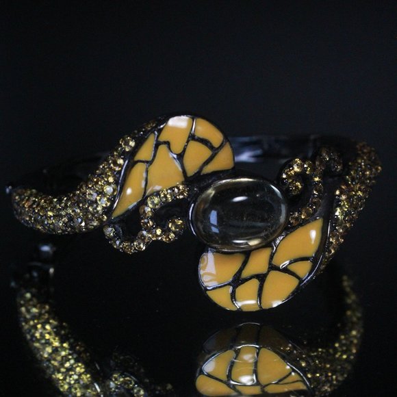 STERLING SILVER BLACKENED CITRINE ENAMEL BANGLE BRACELET - Picture 3 of 8